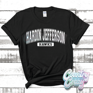HARDIN JEFFERSON- HAWKS - DISTRESSED VARSITY - T-SHIRT-Country Gone Crazy-Country Gone Crazy