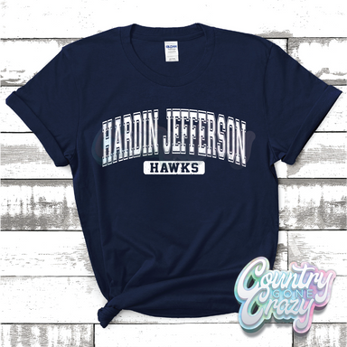 HARDIN JEFFERSON- HAWKS - DISTRESSED VARSITY - T-SHIRT-Country Gone Crazy-Country Gone Crazy