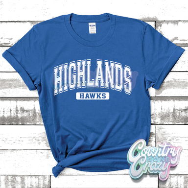 HIGHLANDS HAWKS - DISTRESSED VARSITY - T-SHIRT-Country Gone Crazy-Country Gone Crazy