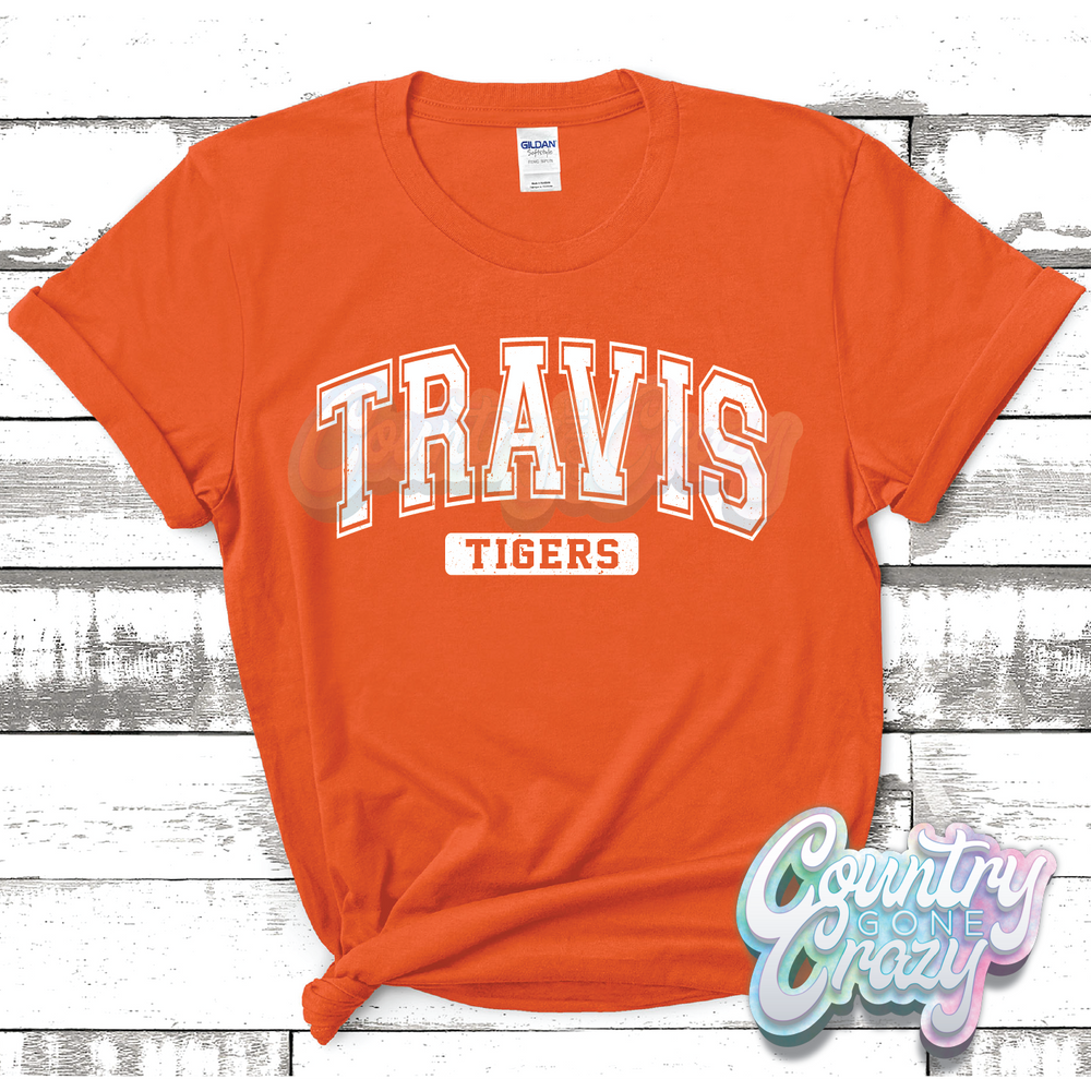 TRAVIS TIGERS - DISTRESSED VARSITY - T-SHIRT-Country Gone Crazy-Country Gone Crazy