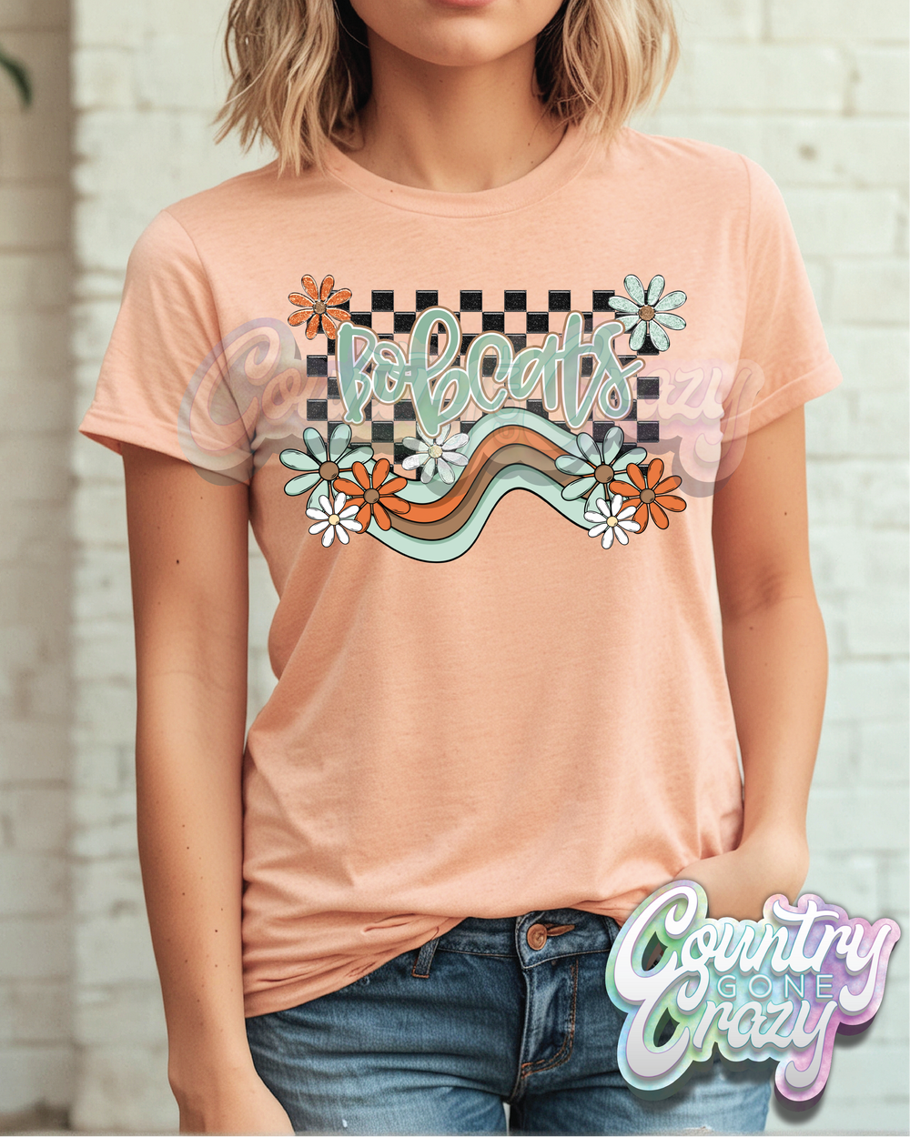 BOBCATS ** BOHO WAVE** BELLA CANVAS HEATHER PEACH T-SHIRT-Country Gone Crazy-Country Gone Crazy