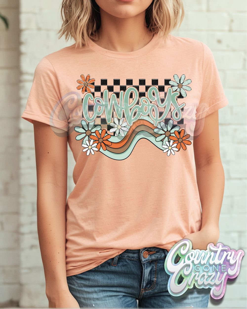 COWBOYS ** BOHO WAVE** BELLA CANVAS HEATHER PEACH T-SHIRT-Country Gone Crazy-Country Gone Crazy