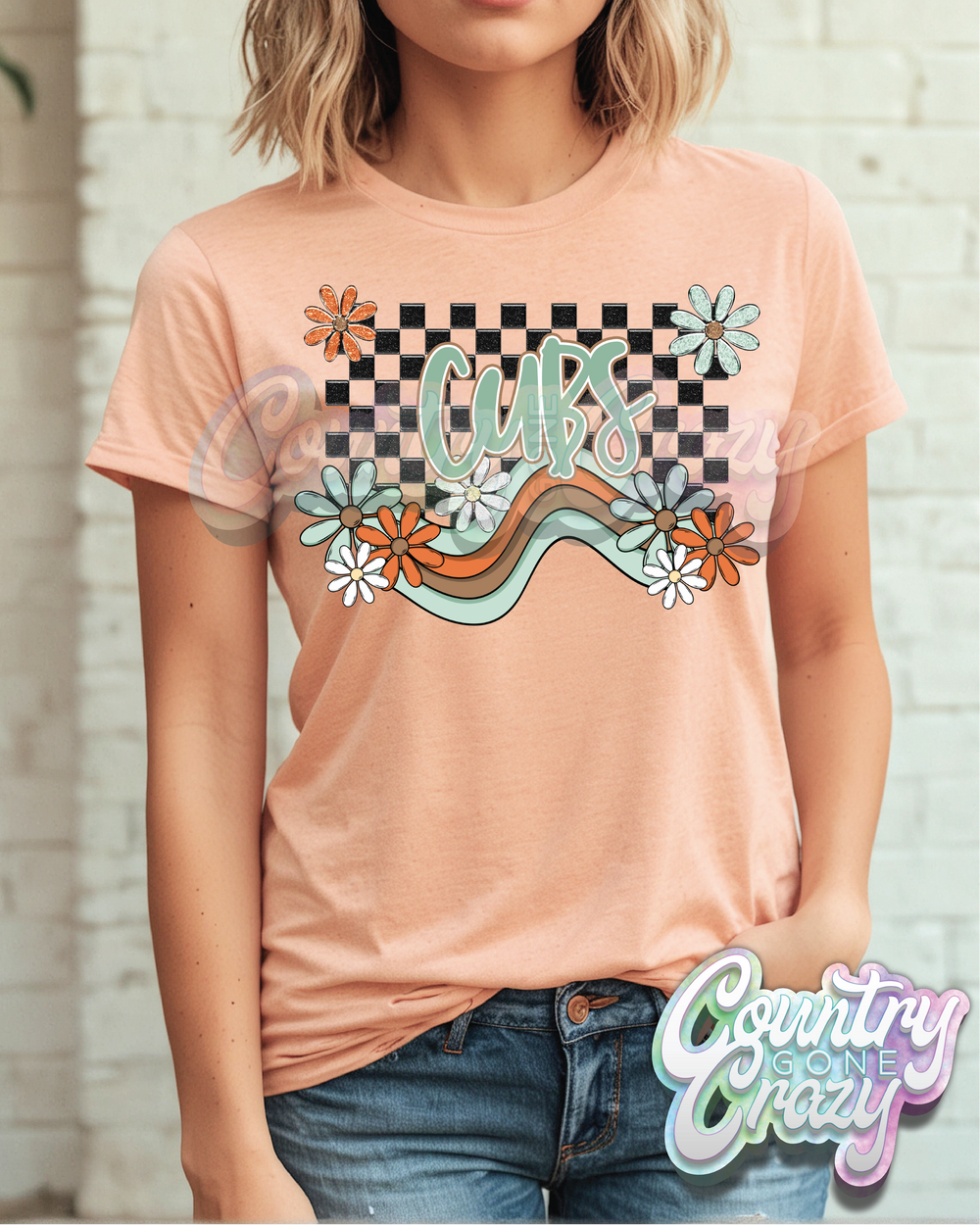 CUBS ** BOHO WAVE** BELLA CANVAS HEATHER PEACH T-SHIRT-Country Gone Crazy-Country Gone Crazy