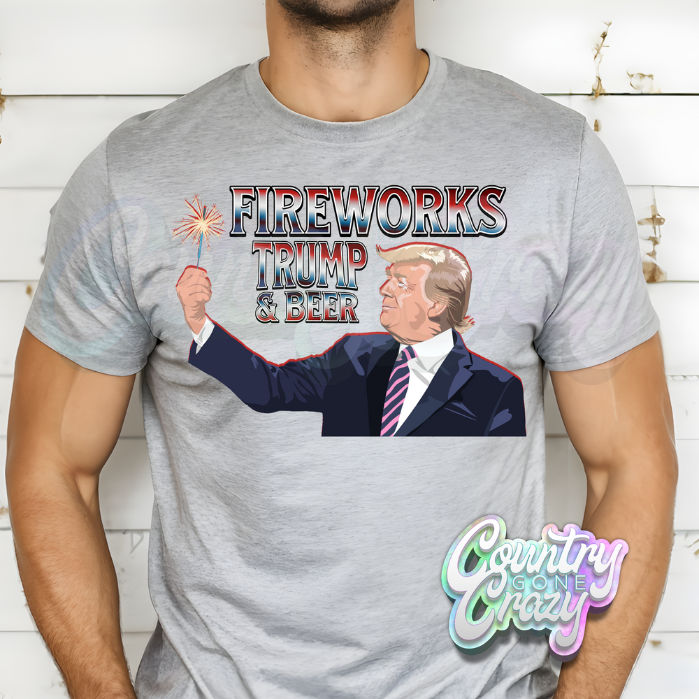 FIREWORKS, TRUMP AND BEER // SPORTS GREY T-SHIRT-Country Gone Crazy-Country Gone Crazy