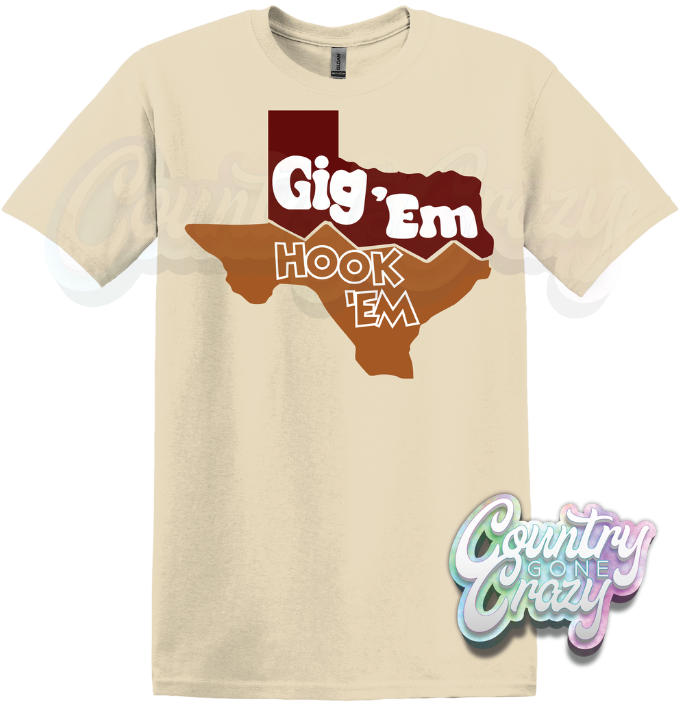 GIG EM / HOOK EM - NATURAL T-SHIRT-Country Gone Crazy-Country Gone Crazy