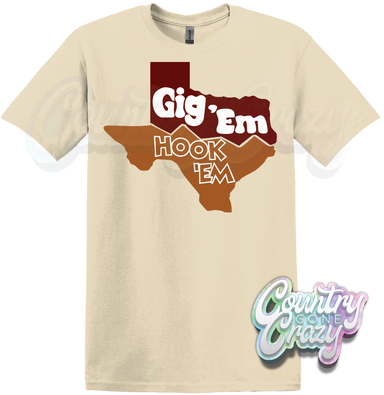 GIG EM / HOOK EM - NATURAL T-SHIRT-Country Gone Crazy-Country Gone Crazy