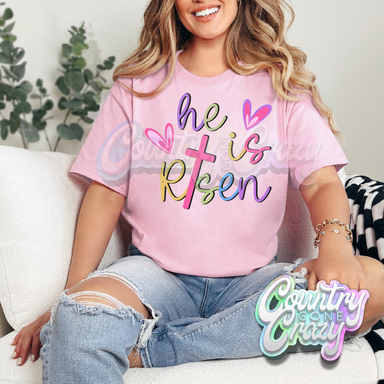HE IS RISEN WITH HEARTS - LIGHT PINK T-SHIRT-Country Gone Crazy-Country Gone Crazy