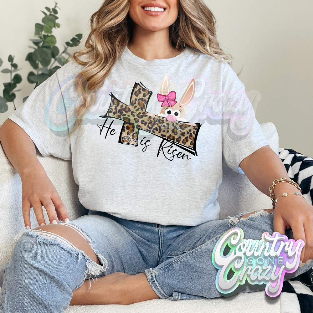 HE IS RISEN PINK BUNNY LEOPARD CROSS- ASH T-SHIRT-Country Gone Crazy-Country Gone Crazy