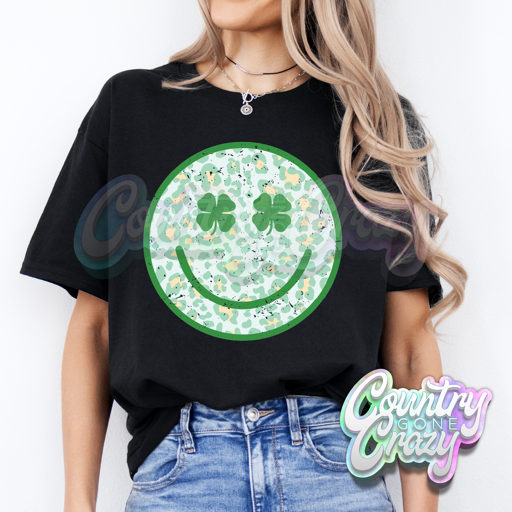 LEOPARD LUCKY SMILEY - BLACK T-SHIRT-Country Gone Crazy-Country Gone Crazy