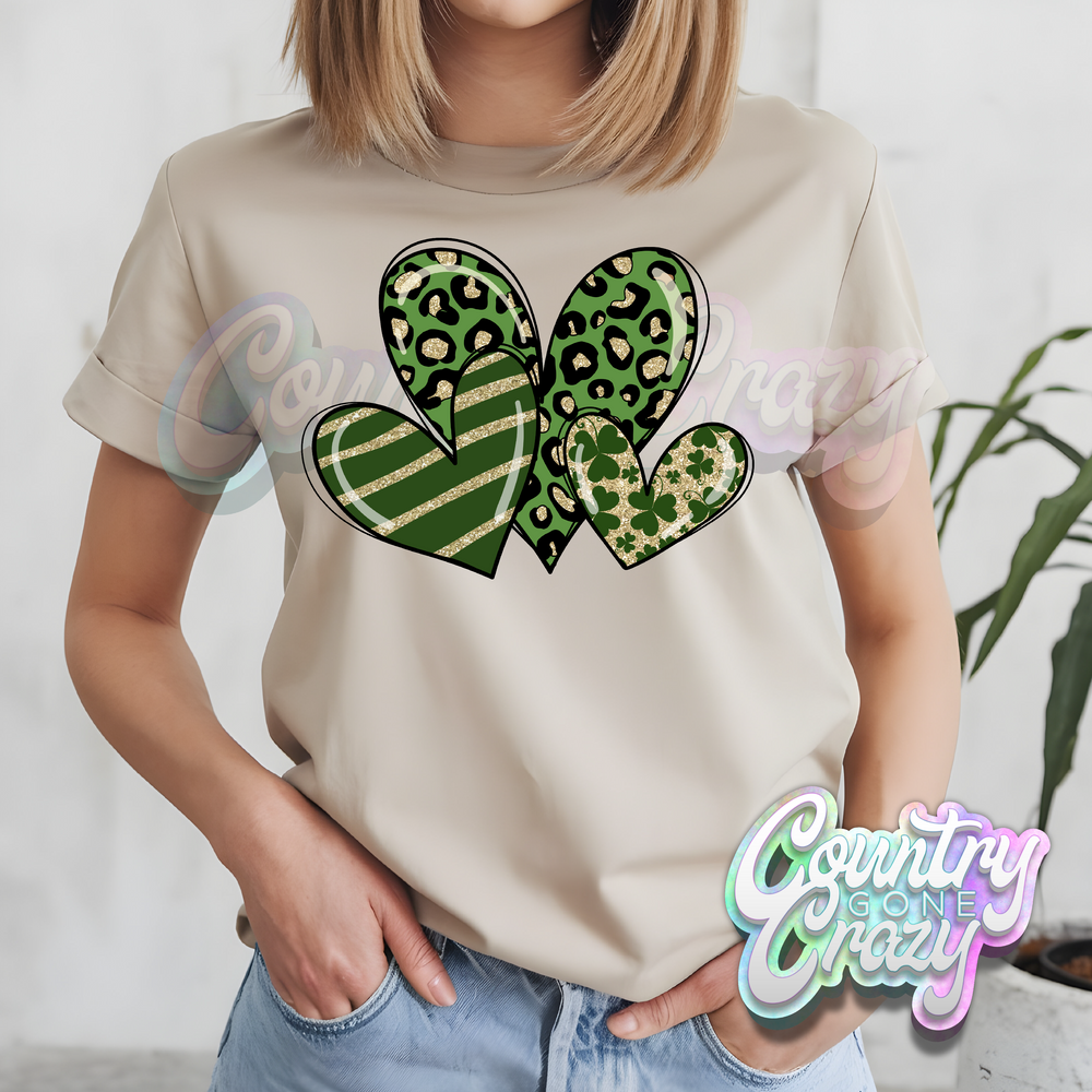 ST. PATRICKS DAY 3 HEARTS - SAND T-SHIRT-Country Gone Crazy-Country Gone Crazy