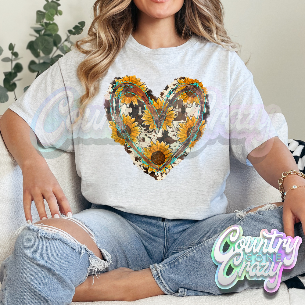 COWHIDE HEART AND SUNFLOWERS // ASH T-SHIRT-Country Gone Crazy-Country Gone Crazy