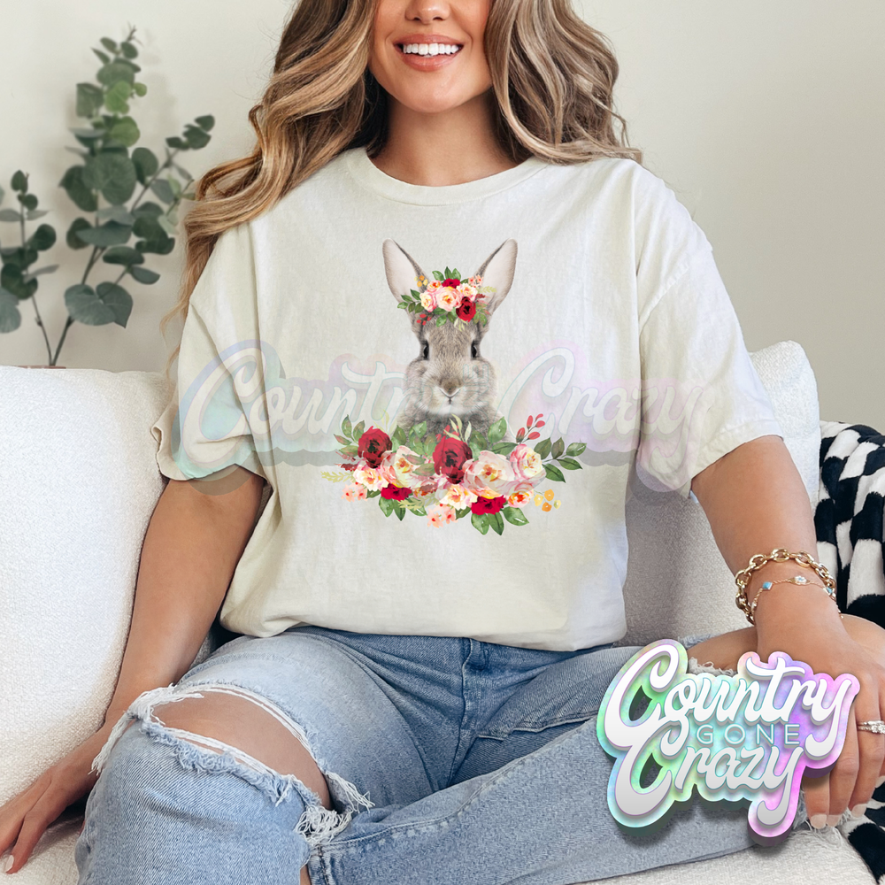 BUNNY WITH FLOWERS - NATURAL T-SHIRT-Country Gone Crazy-Country Gone Crazy