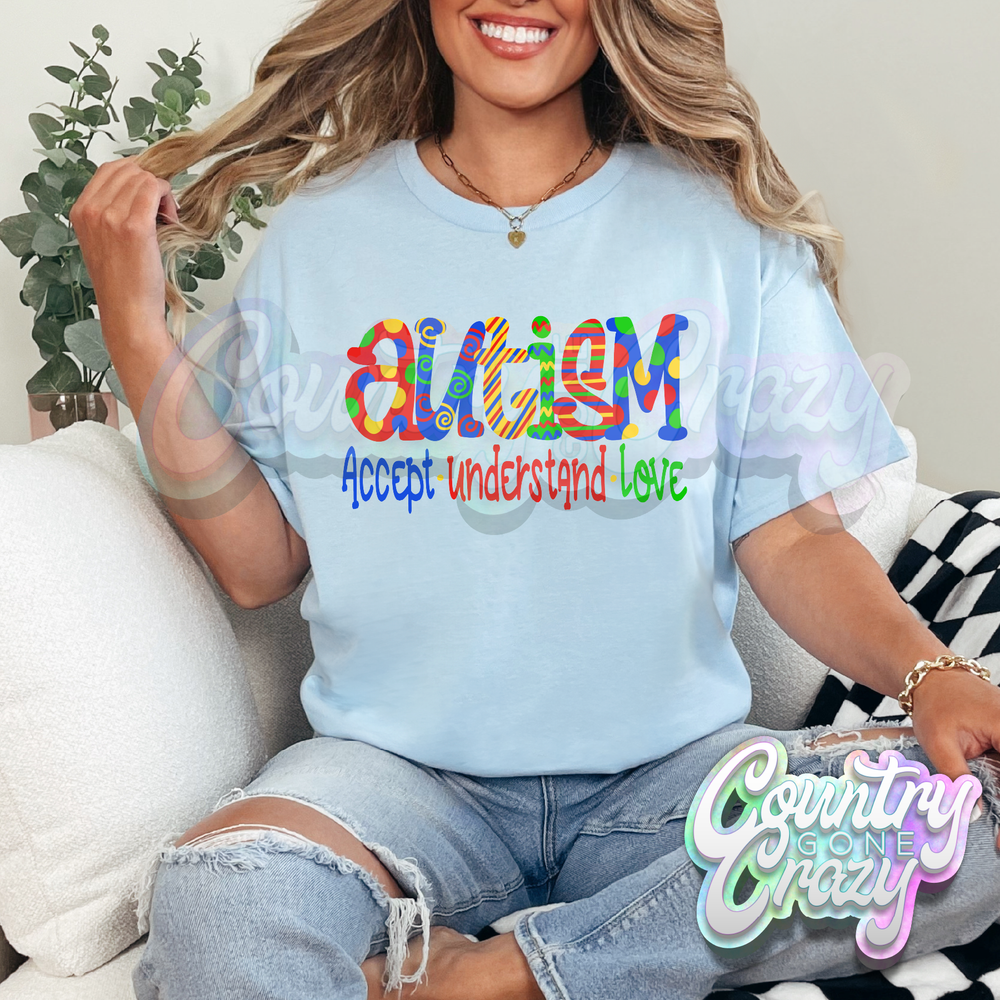 AUTISM ACCEPT UNDERSTAND LOVE - LIGHT BLUE T-SHIRT-Country Gone Crazy-Country Gone Crazy
