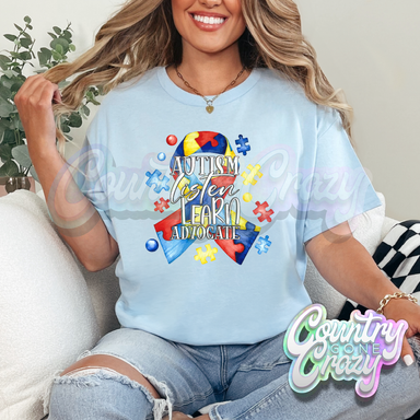 AUTISM LISTEN LEARN ADVOCATE - LIGHT BLUE T-SHIRT-Country Gone Crazy-Country Gone Crazy
