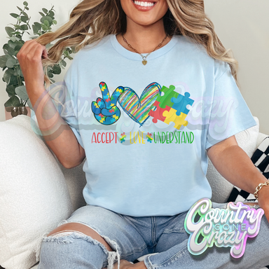 AUTISM ACCEPT LOVE UNDERSTAND - LIGHT BLUE T-SHIRT-Country Gone Crazy-Country Gone Crazy