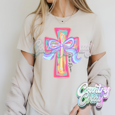 HE IS RISEN WATERCOLOR CROSS - NATURAL T-SHIRT-Country Gone Crazy-Country Gone Crazy
