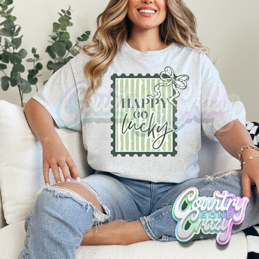HAPPY GO LUCKY GREEN BORDER - ASH T-SHIRT-Country Gone Crazy-Country Gone Crazy