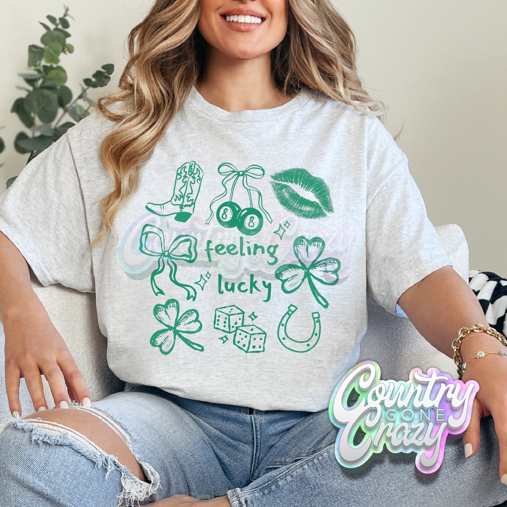 FEELING LUCKY GREEN WORDS - ASH T-SHIRT-Country Gone Crazy-Country Gone Crazy
