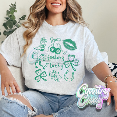 FEELING LUCKY GREEN WORDS - ASH T-SHIRT-Country Gone Crazy-Country Gone Crazy