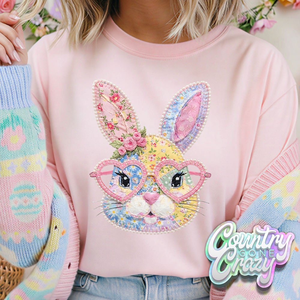 PATCHWORK BUNNY WITH GLASSES // LIGHT PINK T-SHIRT-Country Gone Crazy-Country Gone Crazy