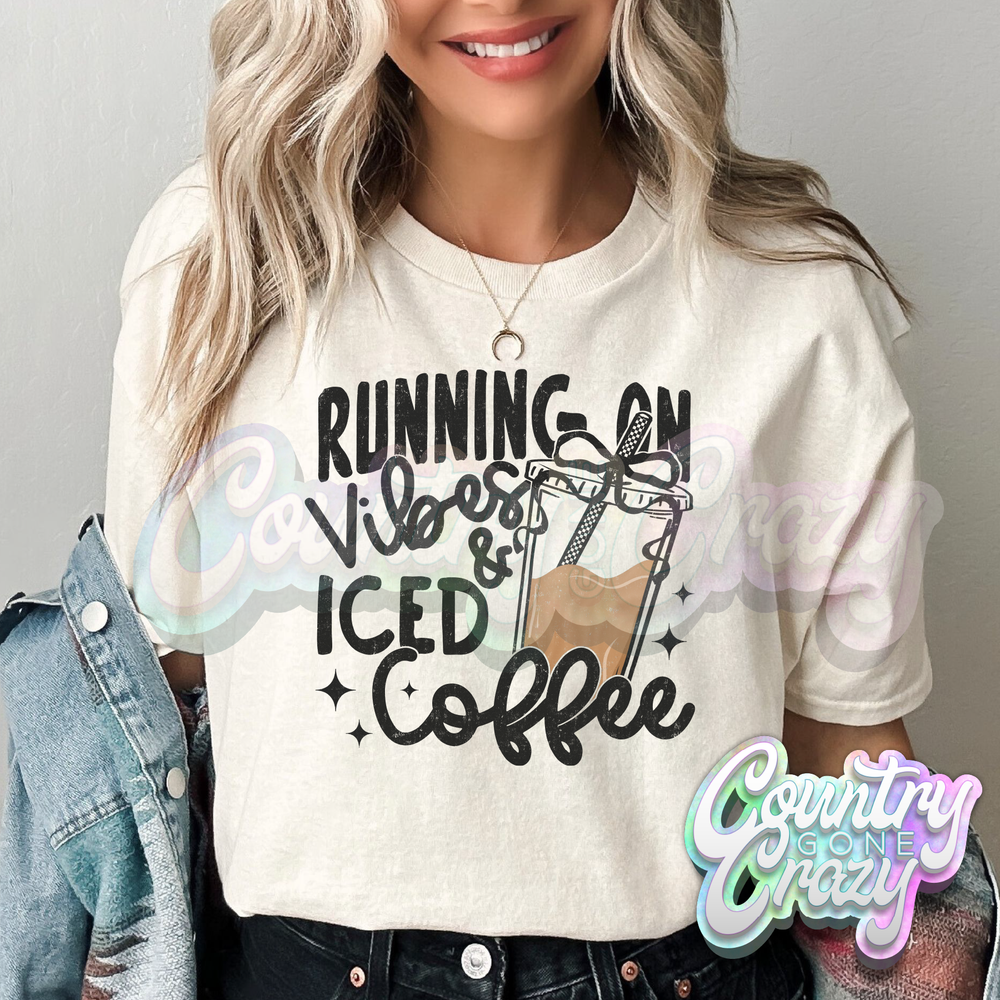 RUNNING ON VIBES & ICED COFFEE - NATURAL T-SHIRT-Country Gone Crazy-Country Gone Crazy
