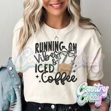 RUNNING ON VIBES & ICED COFFEE - NATURAL T-SHIRT-Country Gone Crazy-Country Gone Crazy