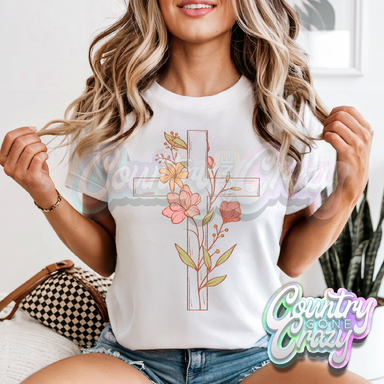 FLORAL CROSS - WHITE T-SHIRT-Country Gone Crazy-Country Gone Crazy