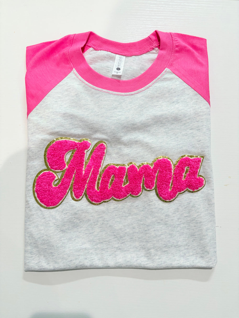 Mama Chenille Patch (FLASH SALE) •• Pink Sleeves // H.Grey Body NL Raglan