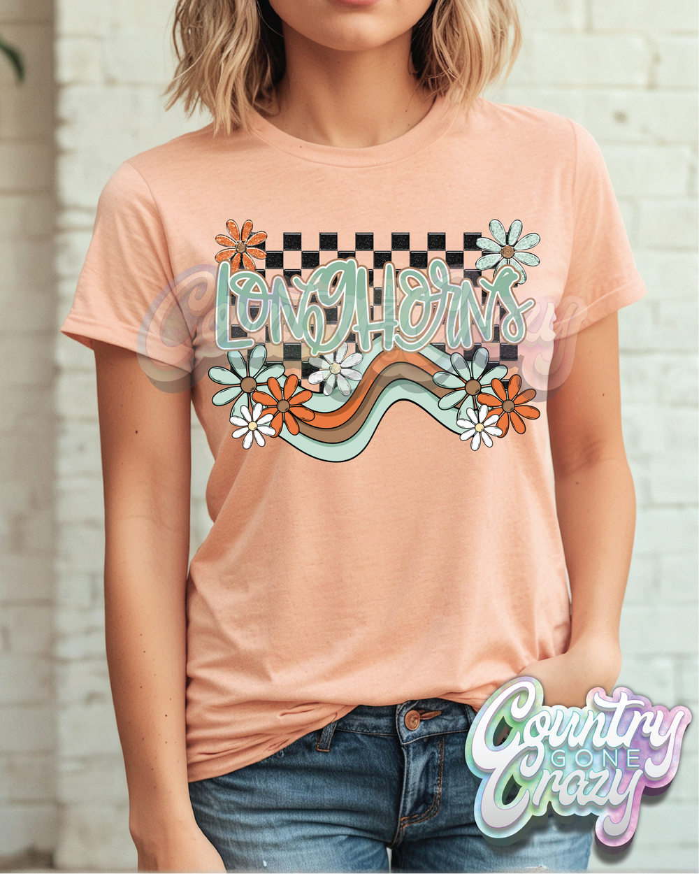 LONGHORNS ** BOHO WAVE** BELLA CANVAS HEATHER PEACH T-SHIRT-Country Gone Crazy-Country Gone Crazy