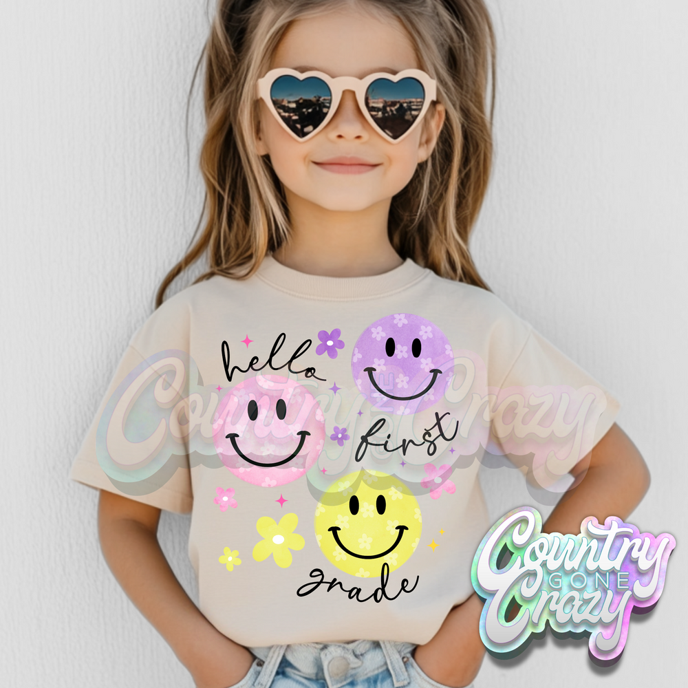HELLO FIRST GRADE SMILEY BLACK WORDS