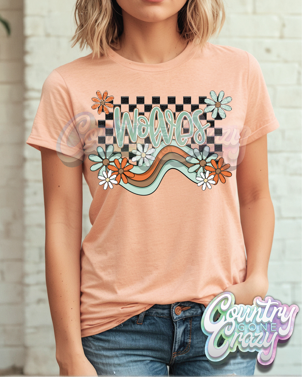 WOLVES ** BOHO WAVE** BELLA CANVAS HEATHER PEACH T-SHIRT-Country Gone Crazy-Country Gone Crazy