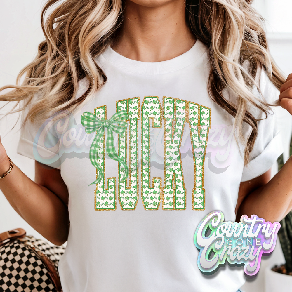 LUCKY GREEN PLAID BOW - WHITE T-SHIRT-Country Gone Crazy-Country Gone Crazy