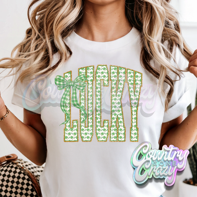 LUCKY GREEN PLAID BOW - WHITE T-SHIRT-Country Gone Crazy-Country Gone Crazy