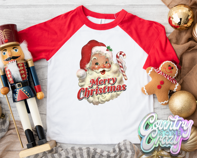 Merry Christmas Santa with Candy Cane - Red/White Raglan-Country Gone Crazy-Country Gone Crazy
