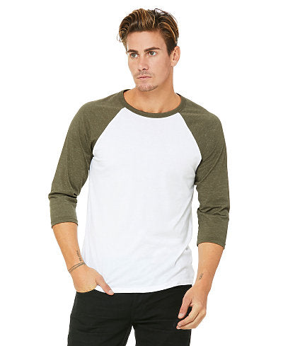 Adult Raglan - White Body with Heather Olive Sleeves-Bella + Canvas-Country Gone Crazy